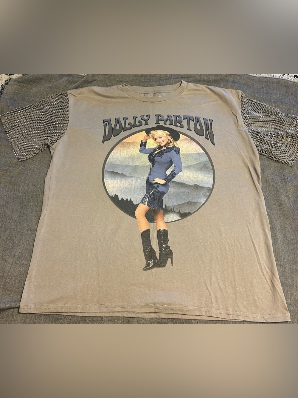 Dolly Parton  Graphic  Grey Tee with Sequins Sleeves Accents